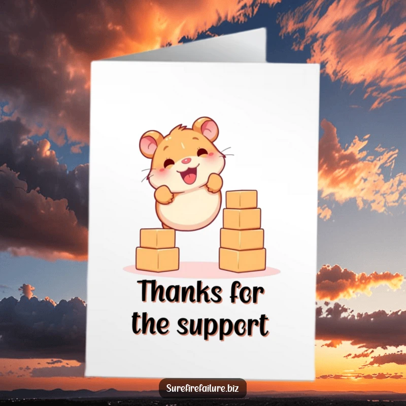Funny Free Printable thank you card with a smiling hamster attempting to balance falling blocks, conveying appreciation.