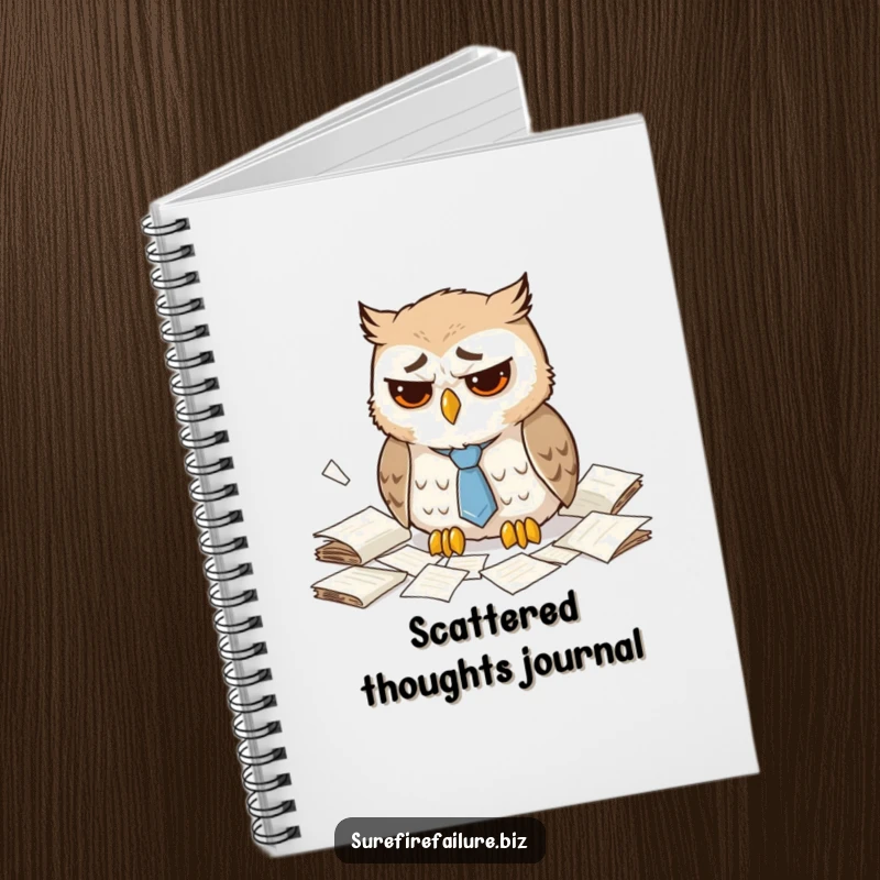 Funny dejected owl notebook featuring a sad animal with a droopy tie and scattered papers, ideal for jotting down thoughts