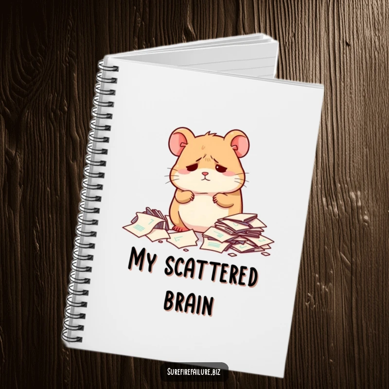 Funny hamster looking dejected on a lined notebook cover, encouraging chaotic yet creative note-taking.