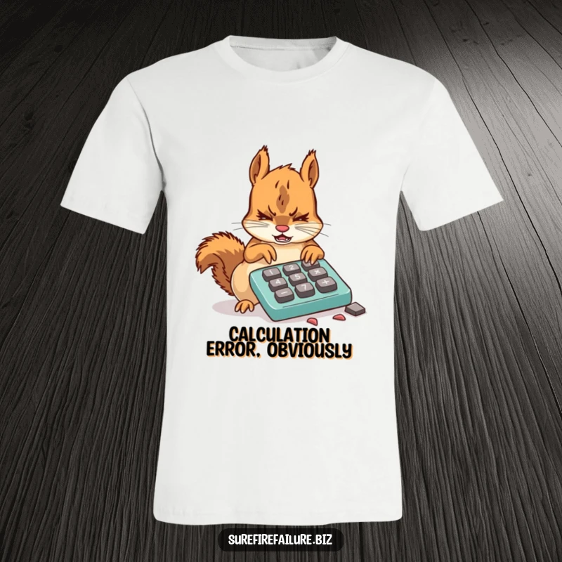 Funny squirrel t-shirt featuring a frustrated animal using a broken calculator with chewed keys, capturing tech woes humorously