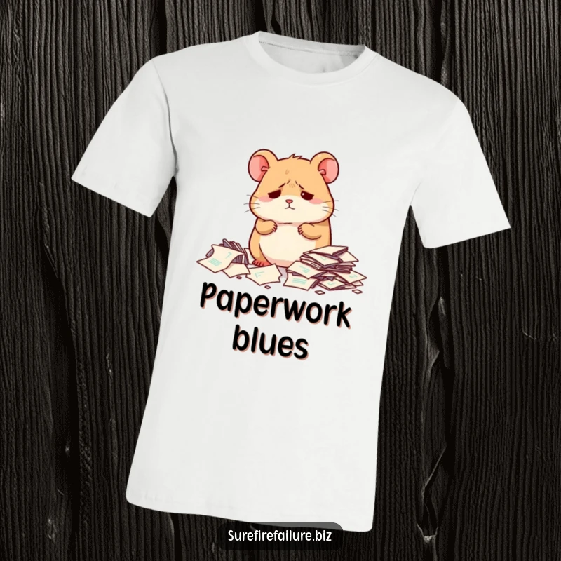 Funny hamster looking sad amidst scattered papers on a soft cotton t-shirt, a humorous representation of feeling overwhelmed.