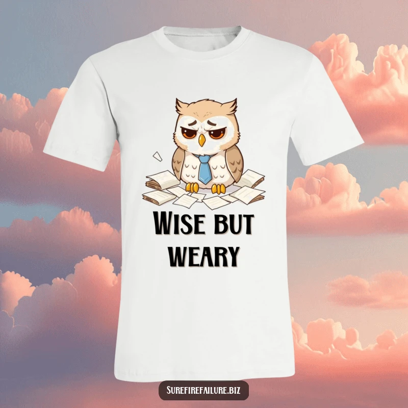 Funny dejected owl t-shirt featuring a sad animal with a droopy tie surrounded by scattered papers, perfect for office humor