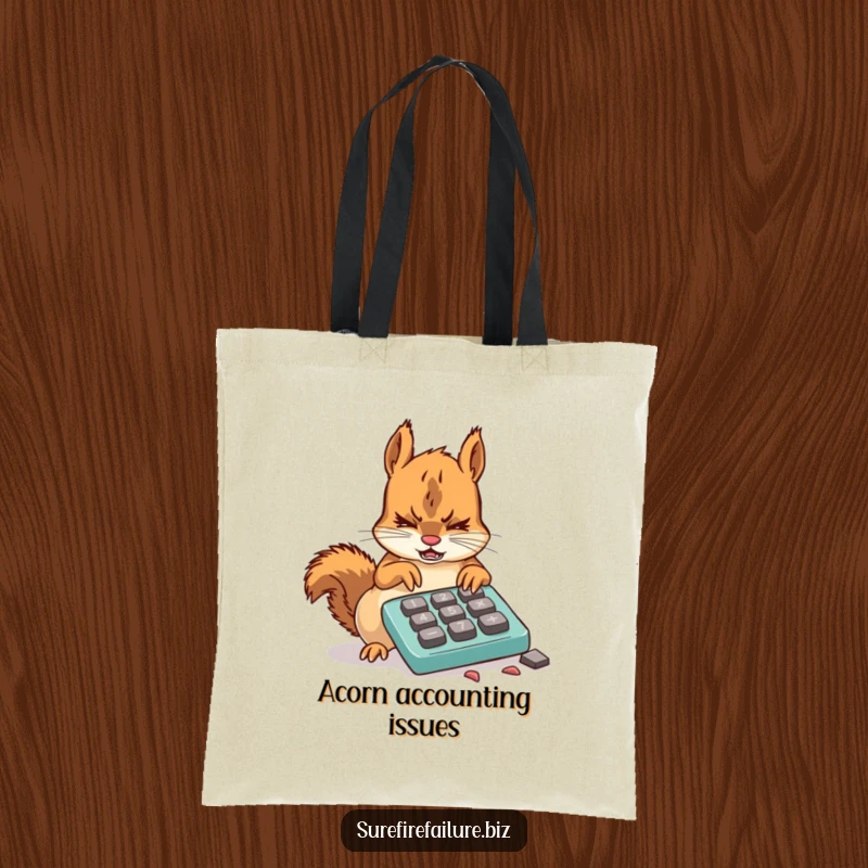 Funny squirrel tote bag with a frustrated animal using a broken calculator with chewed keys, ideal for humorous everyday use