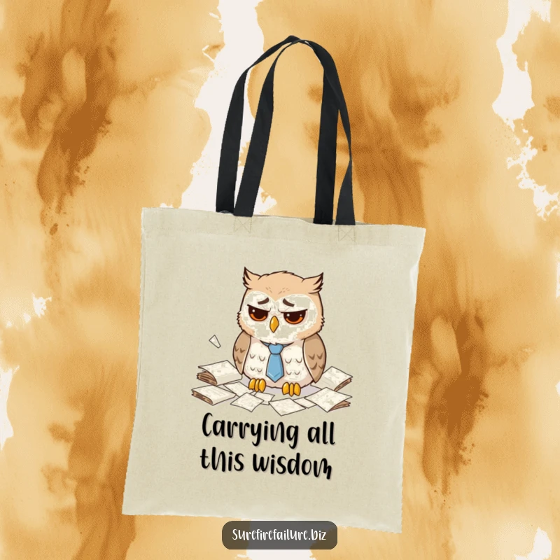 Funny dejected owl tote bag with a droopy tie and scattered papers, ideal for humorous office use