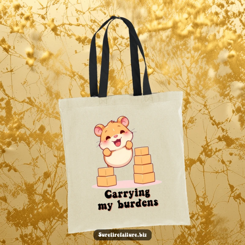 Funny hamster smiling while balancing falling blocks on a durable tote bag, perfect for carrying your daily essentials.
