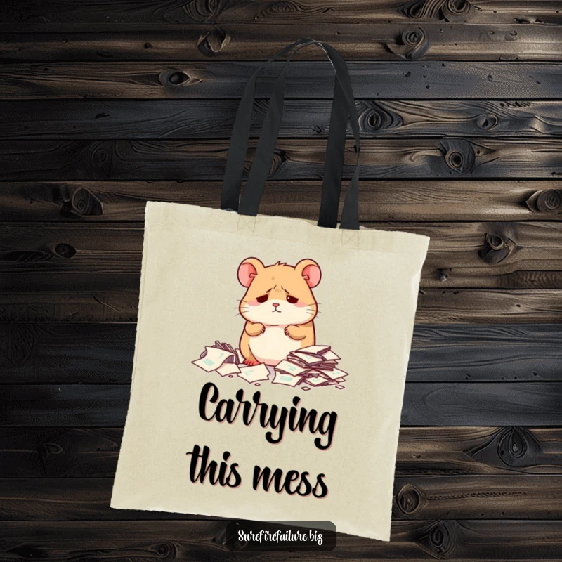 Funny hamster looking dejected next to scattered papers on a durable tote bag, perfect for carrying your daily load.