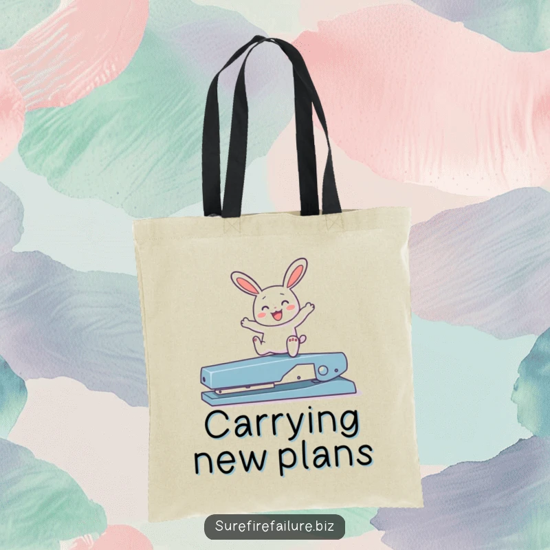 Funny bunny happily hopping over a broken stapler on a durable tote bag, perfect for carrying daily essentials with joy.