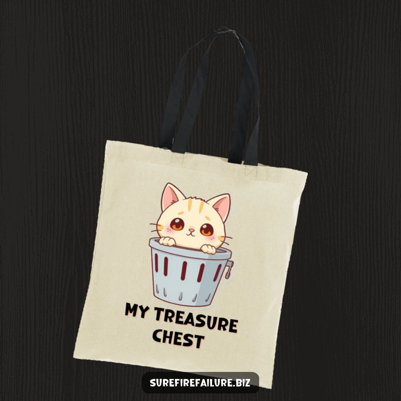 Funny tote bag, a curious cat with expressive eyes investigating an overturned wastebasket, highlighting playful exploration.